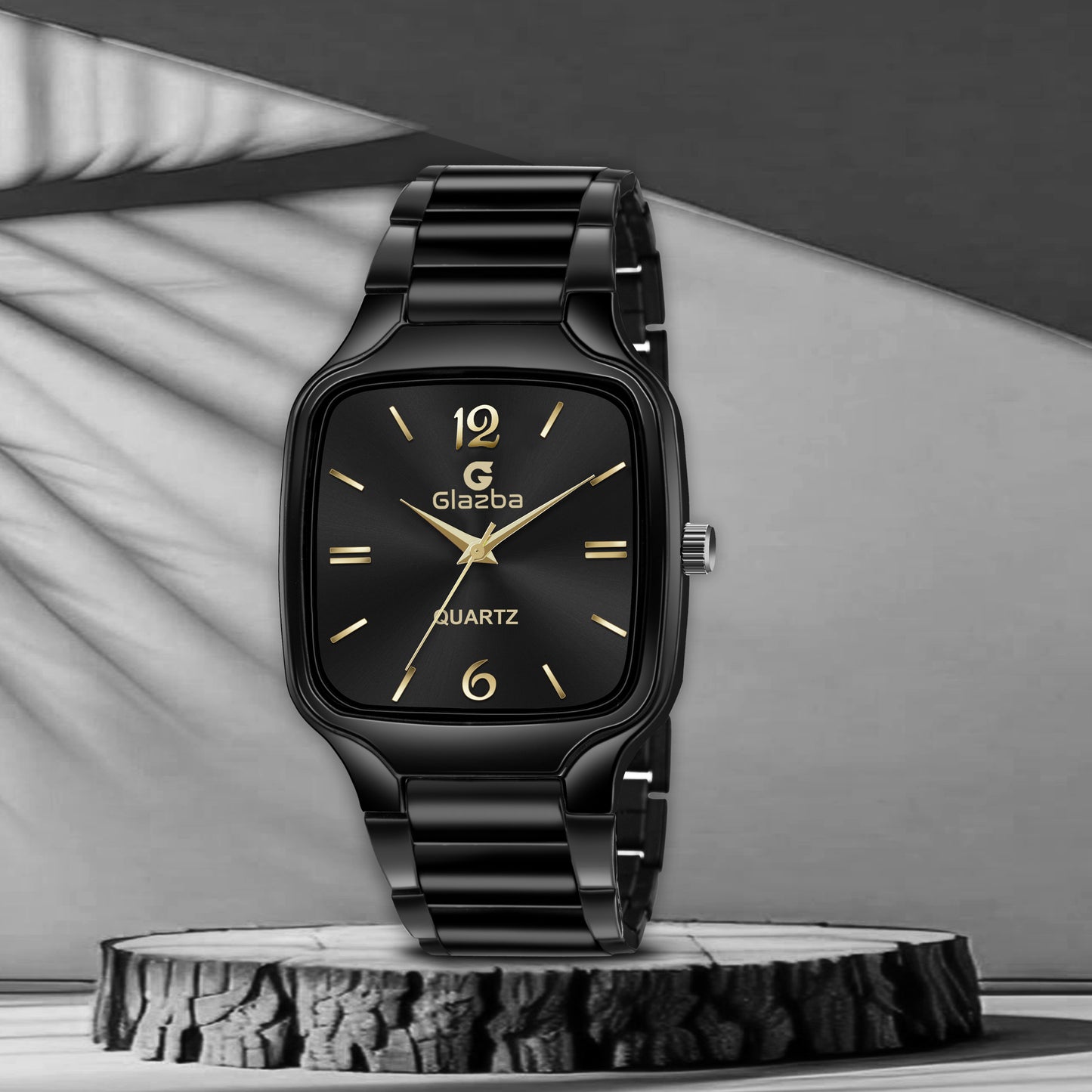 Stylish Black Square Watch with Golden Dial – For Men
