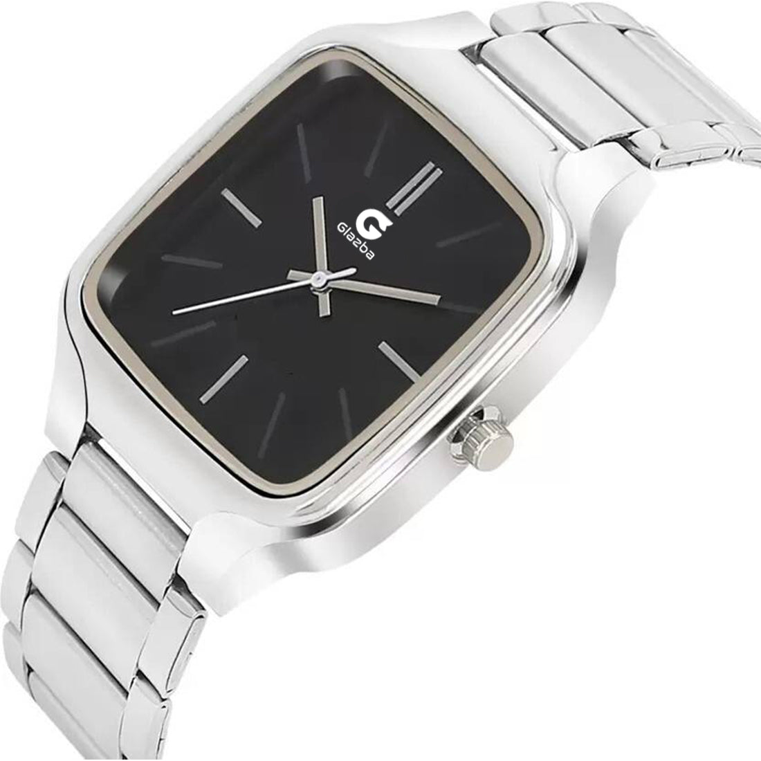 Square Black Dial Watch with Silver Stainless Steel Strap - for Men