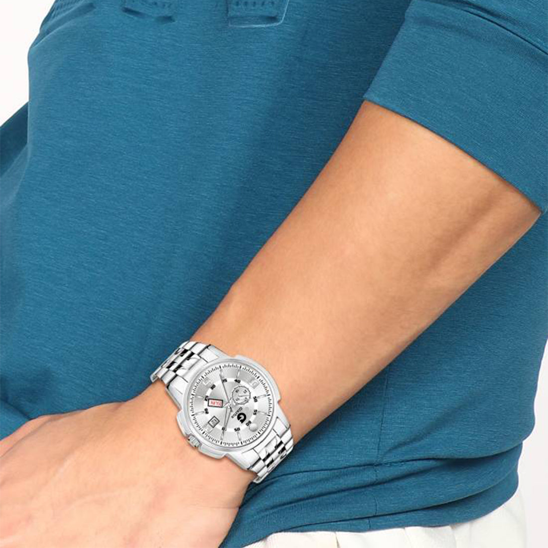 Elegant White Dial Men’s Watch with Day & Date – Classic Stainless Steel Design