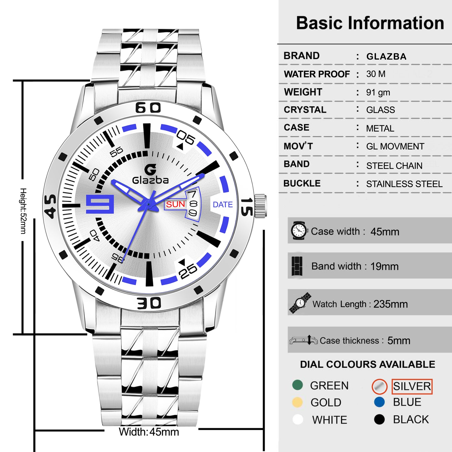 Glazba Signature 9 Silver Dial Analog Watch with Day & Date – For Men