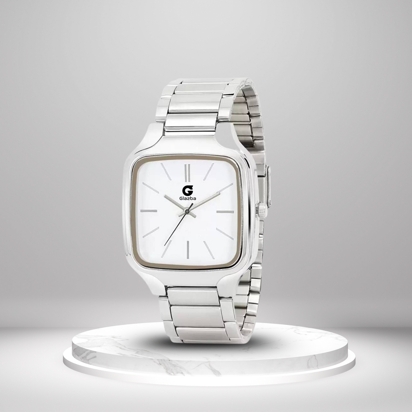 Square White Dial Watch with Silver Stainless Steel Strap - for Men
