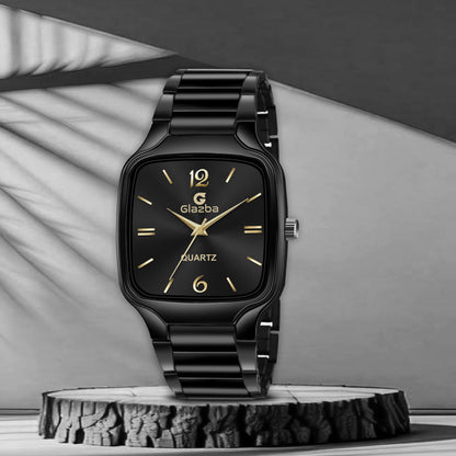 Stylish Black Square Watch with Golden Dial – For Men