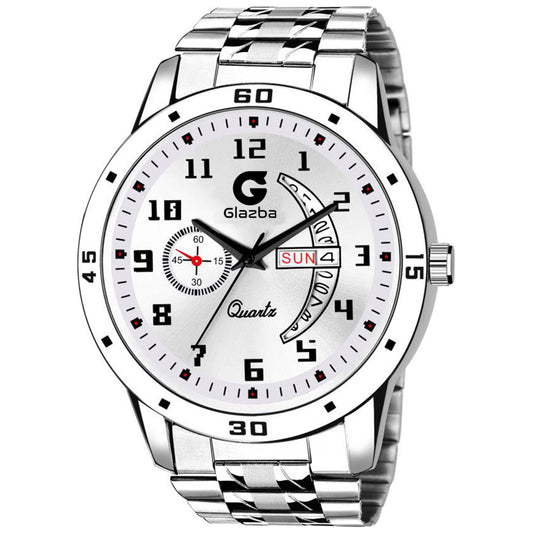 Men's Analog Watch with Day & Date Function – Silver Stainless Steel Chain Strap