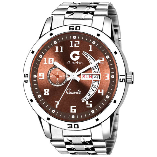 Men's Analog Watch with Day & Date Function – Silver Stainless Steel Chain Strap