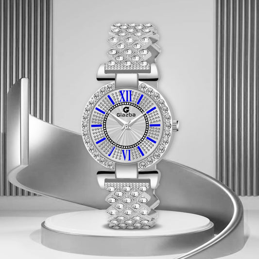 Elegant Silver Stone Analog Watch for Women – Stainless Steel Chain