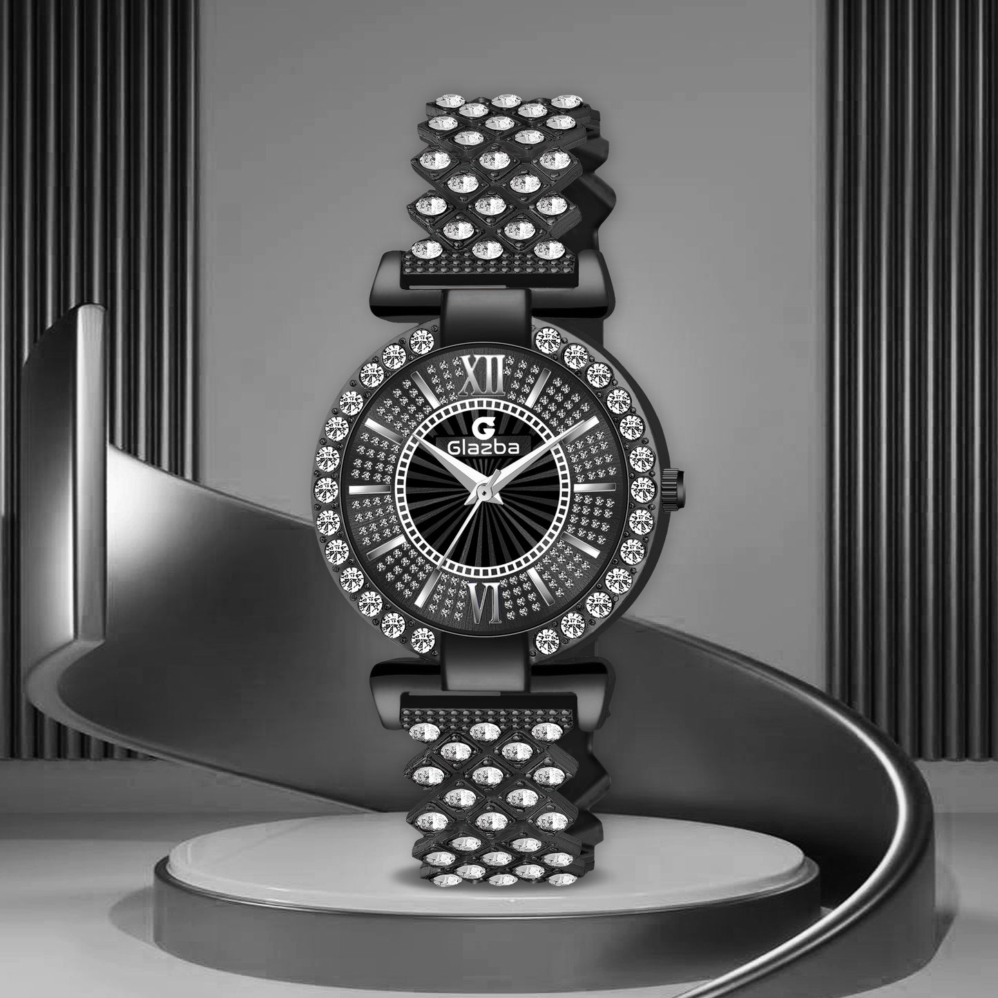 Elegant Black Stone Analog Watch for Women – Stainless Steel Chain