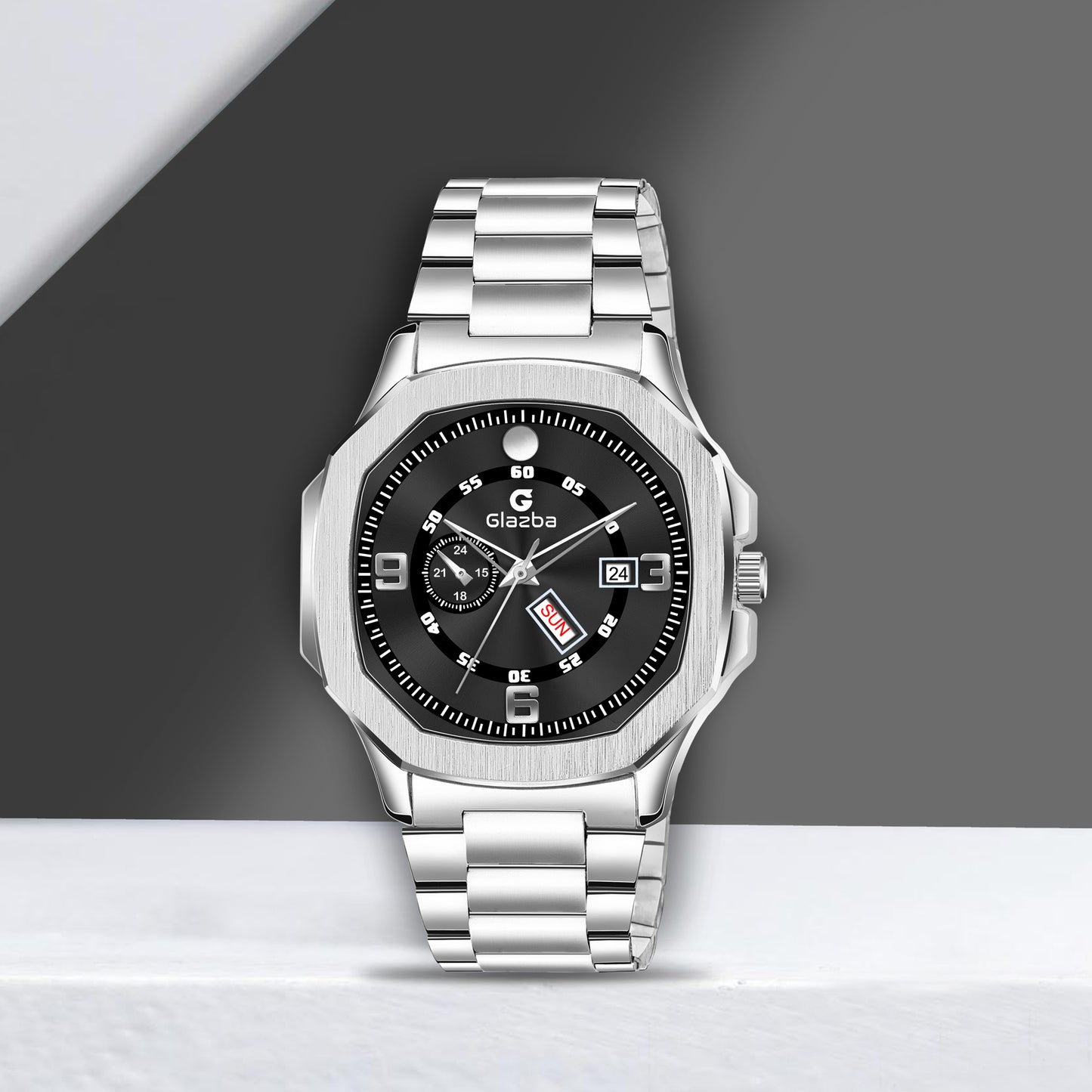 Hexagon Day & Date Function Analog Watch with Stainless Steel Chain – For Men