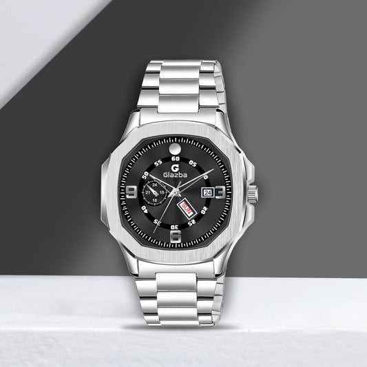 Hexagon Day & Date Function Analog Watch with Stainless Steel Chain – For Men