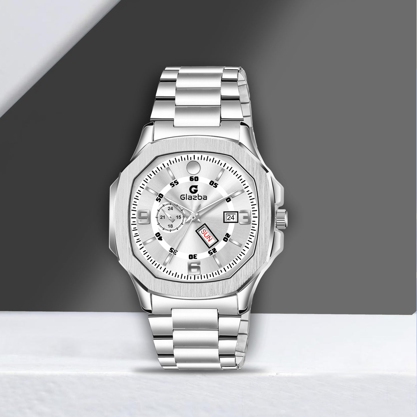Hexagon Day & Date Function Analog Watch with Stainless Steel Chain – For Men