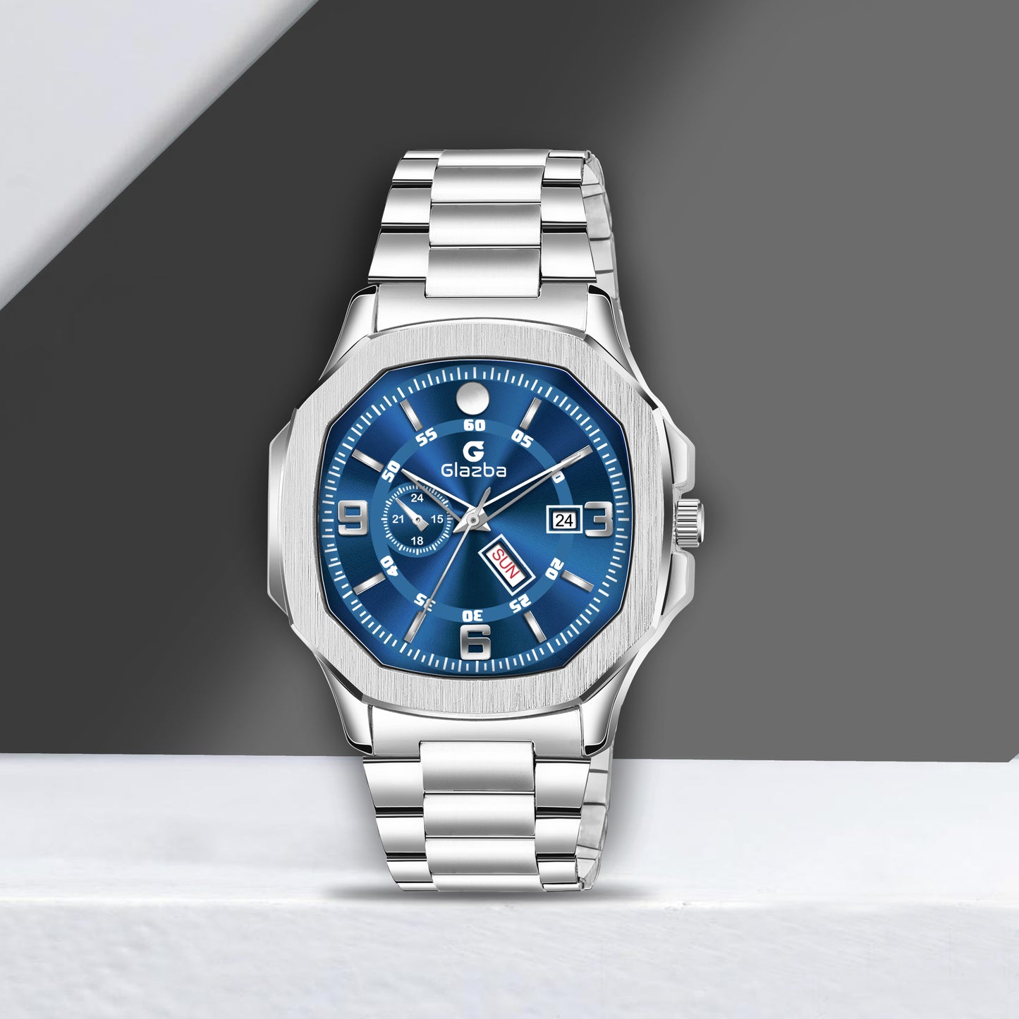 Hexagon Day & Date Function Analog Watch with Stainless Steel Chain – For Men