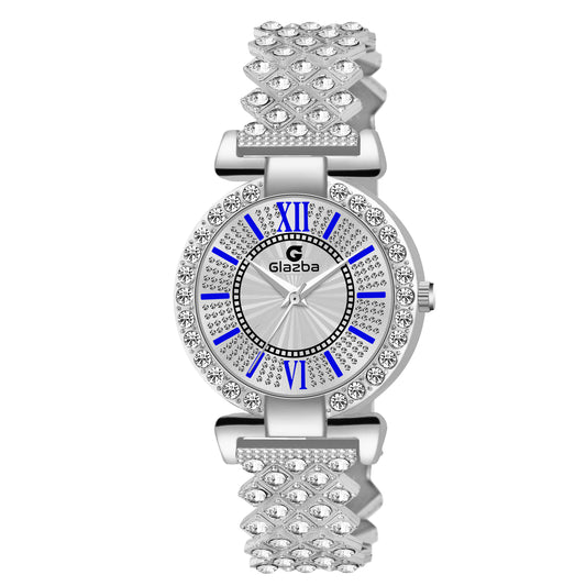 Elegant Silver Stone Analog Watch for Women – Stainless Steel Chain