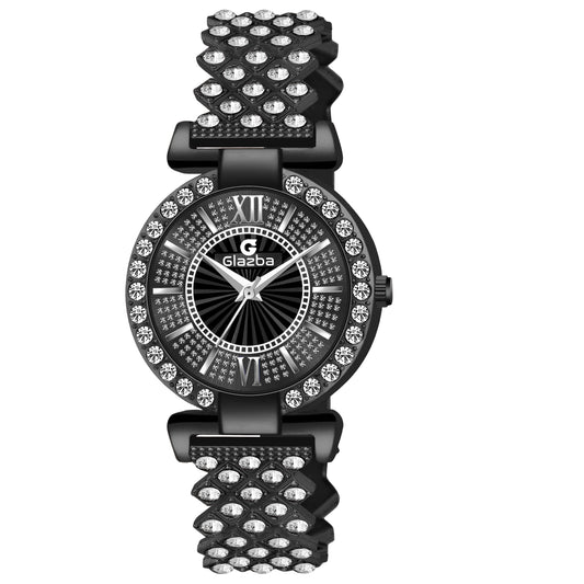 Elegant Black Stone Analog Watch for Women – Stainless Steel Chain