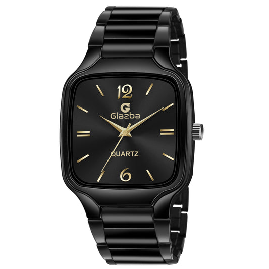 Stylish Black Square Watch with Golden Dial – For Men