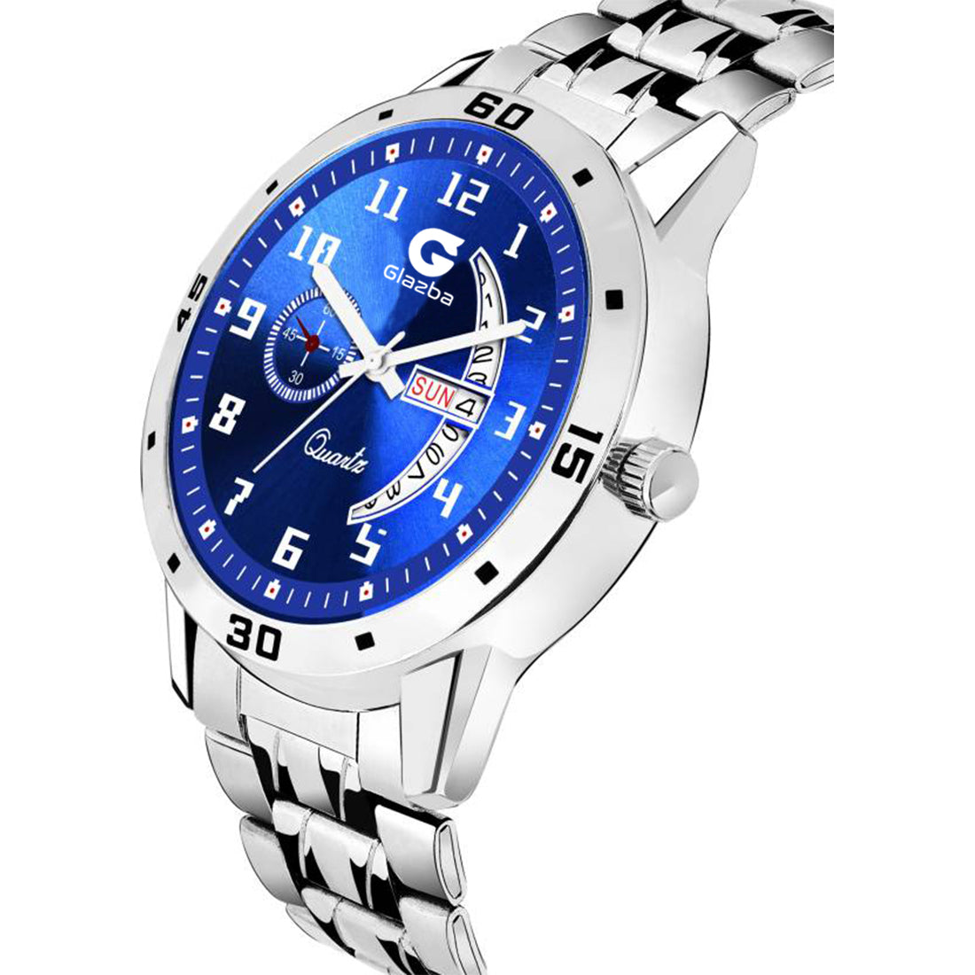 Men’s Analog Watch with Day & Date Function – Silver Stainless Steel Strap – Blue Dial Variant