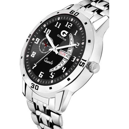 Men’s Analog Watch with Day & Date Function – Silver Stainless Steel Strap – Black Dial Variant