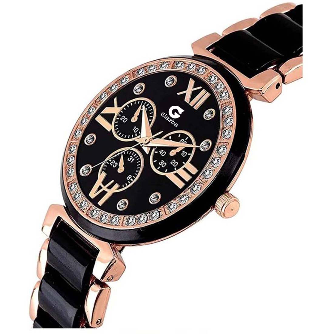 Elegant Black Stone Analog Watch for Women – Stainless Steel Chain