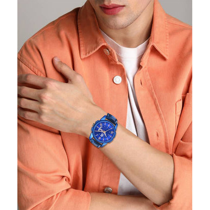 Textured Blue Leather Analog Watch with Day & Date – For Men