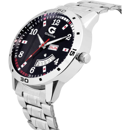 Men’s Analog Watch with Day & Date Function – Textured Stainless Steel Chain – Black Dial Variant