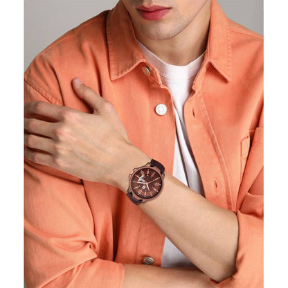 Textured Brown Leather Analog Watch with Day and Date – For Men