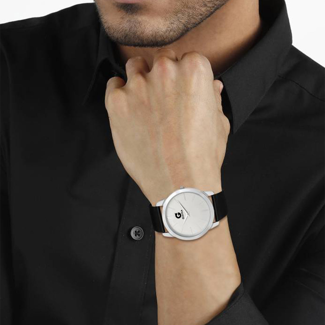 Slim white and black Casual Analog Watch with Leather Strap – For Men