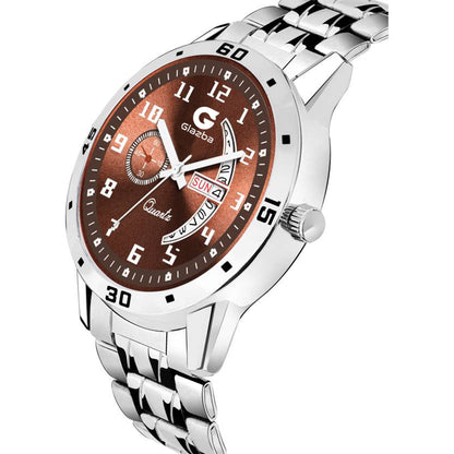 Men’s Analog Watch with Day & Date Function – Silver Stainless Steel Strap – Brown Dial Variant