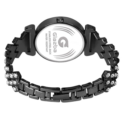 Elegant Black Stone Analog Watch for Women – Stainless Steel Chain
