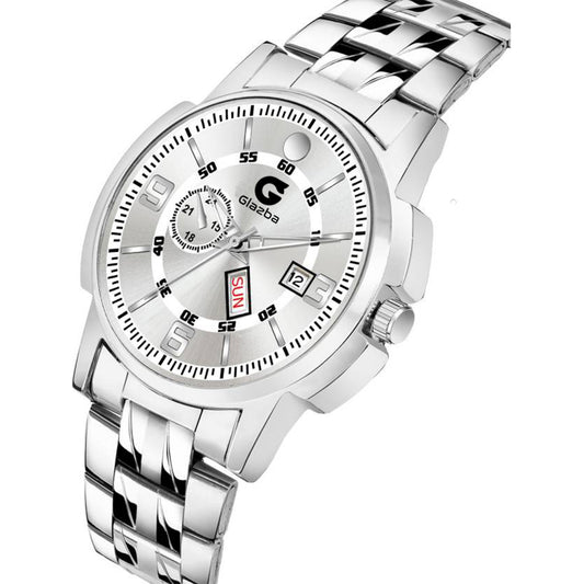 Elegant White Dial Men’s Watch with Day & Date – Classic Stainless Steel Design