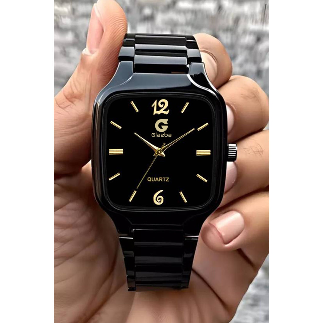 Black Square Watch with Golden Dial – For Men
