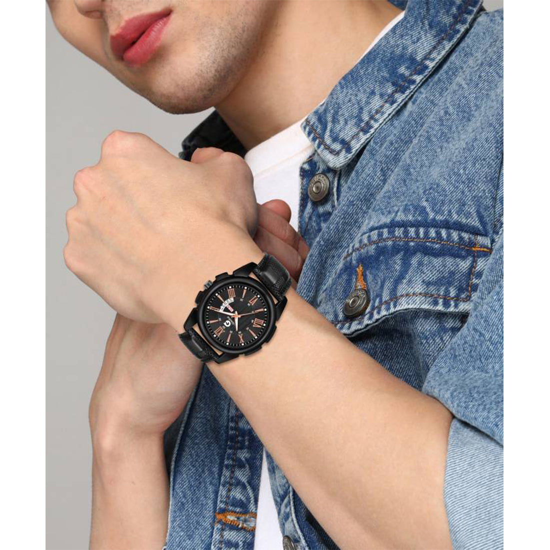 Textured Black Leather Analog Watch with Day & Date – For Men