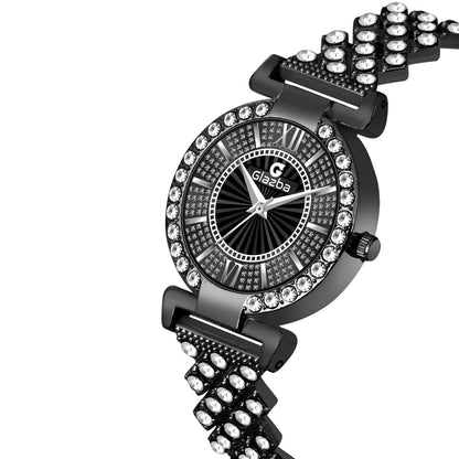 Elegant Black Stone Analog Watch for Women – Stainless Steel Chain