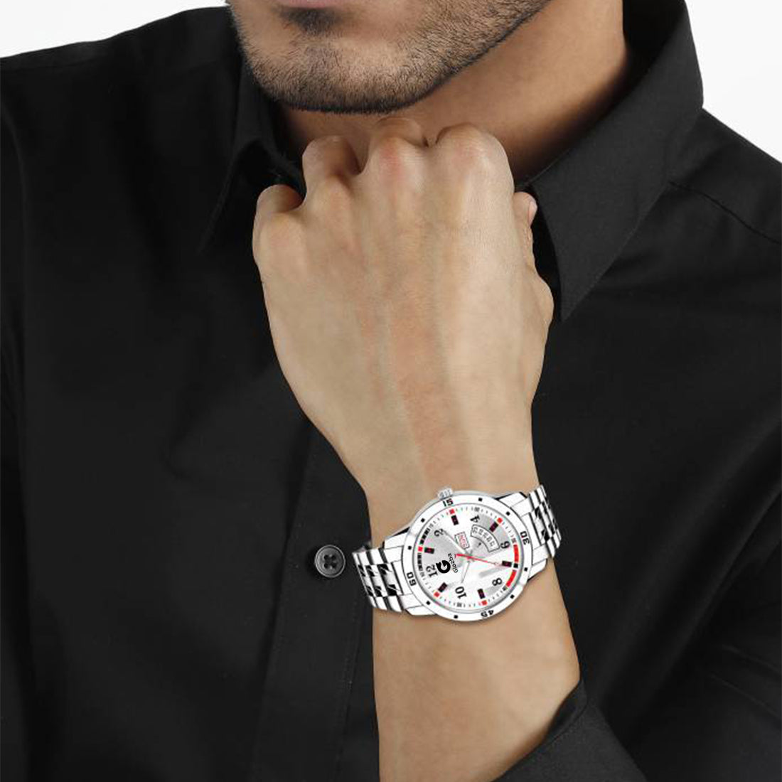 Men’s Analog Watch with Day & Date Function – Textured Stainless Steel Chain – White Dial Variant