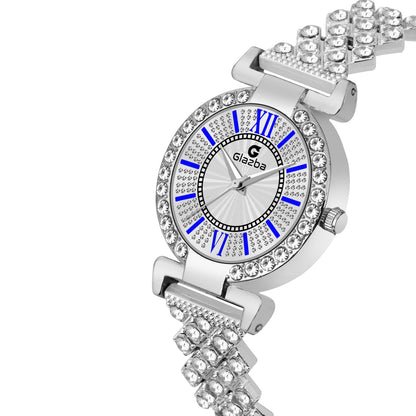 Elegant Silver Stone Analog Watch for Women – Stainless Steel Chain