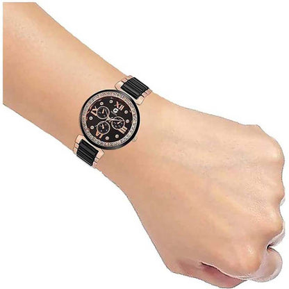 Elegant Black Stone Analog Watch for Women – Stainless Steel Chain