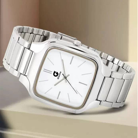 Square White Dial Watch with Silver Stainless Steel Strap - for Men