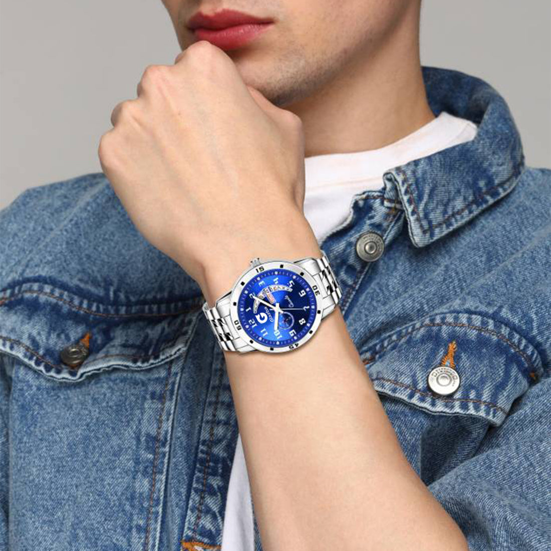 Men’s Analog Watch with Day & Date Function – Silver Stainless Steel Strap – Blue Dial Variant
