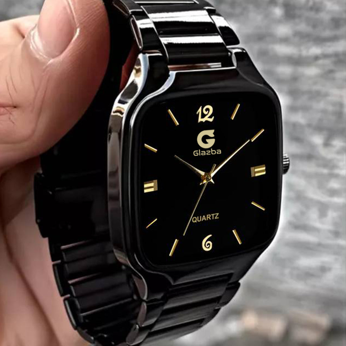 Black Square Watch with Golden Dial – For Men