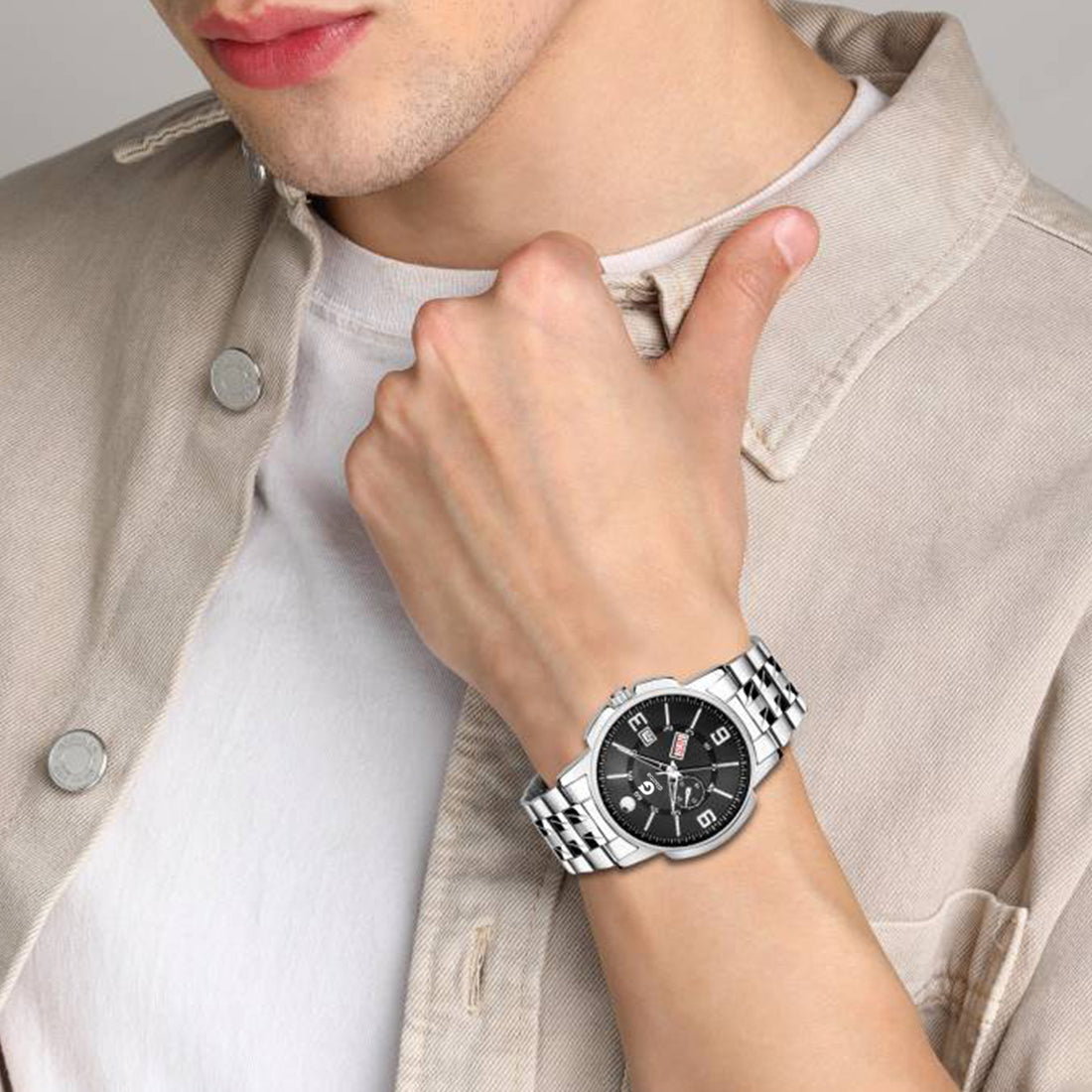 Men’s Black Stainless Steel Analog Watch with Day & Date – Bold & Timeless Style