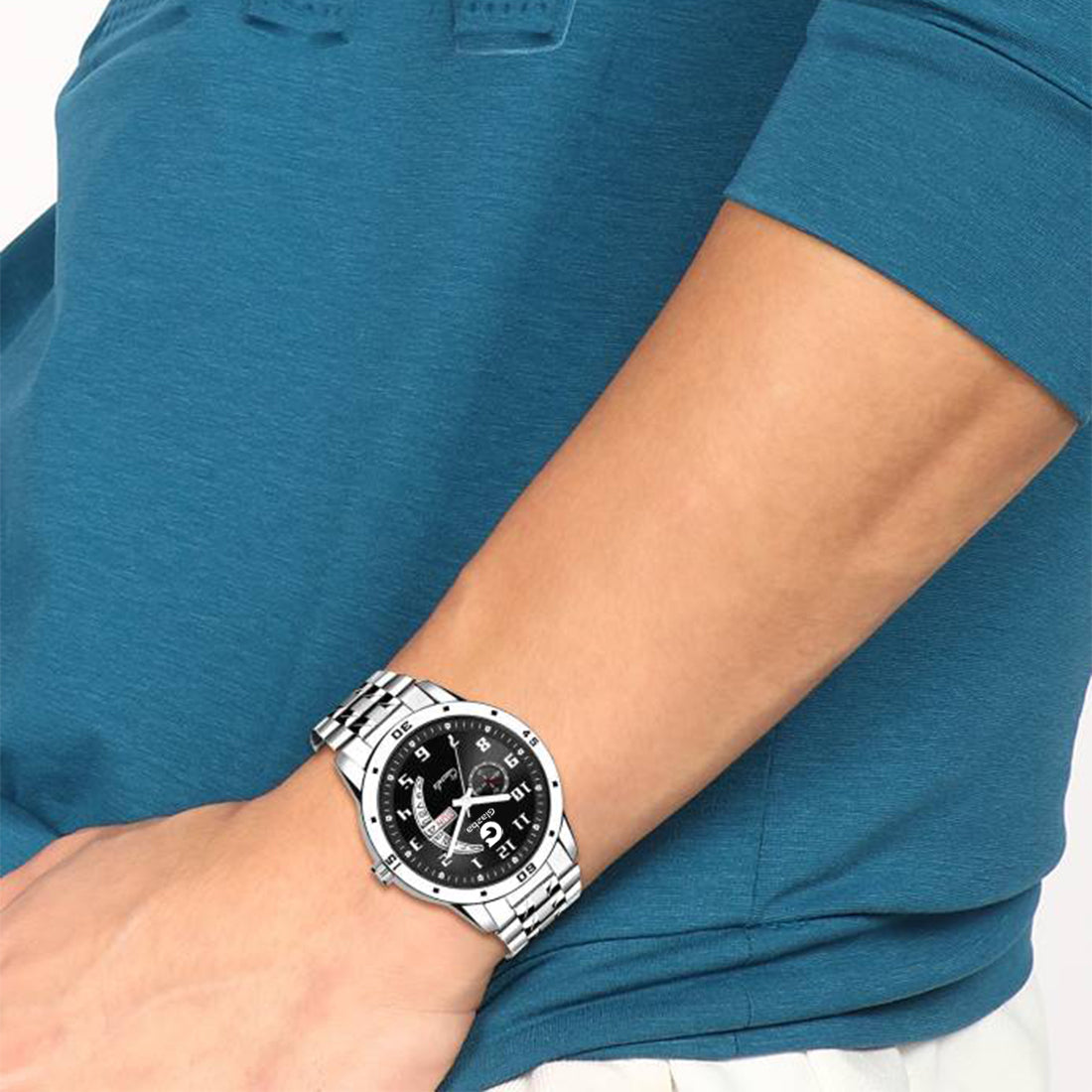 Men’s Analog Watch with Day & Date Function – Silver Stainless Steel Strap – Black Dial Variant