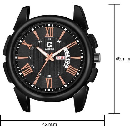 Textured Black Leather Analog Watch with Day & Date – For Men