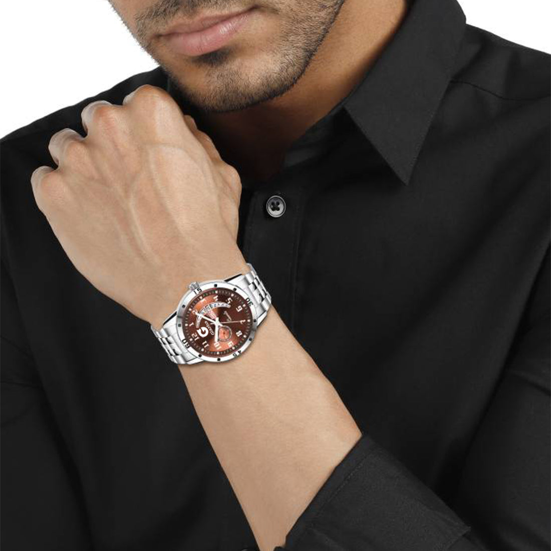 Men’s Analog Watch with Day & Date Function – Silver Stainless Steel Strap – Brown Dial Variant