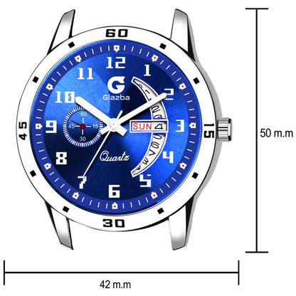 Men’s Analog Watch with Day & Date Function – Silver Stainless Steel Strap – Blue Dial Variant