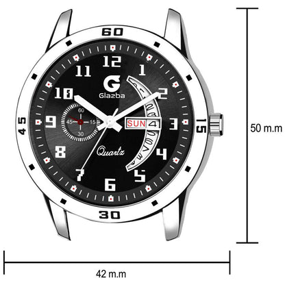 Men’s Analog Watch with Day & Date Function – Silver Stainless Steel Strap – Black Dial Variant