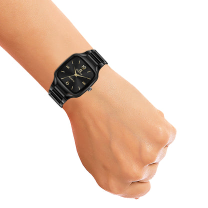Stylish Black Square Watch with Golden Dial – For Men