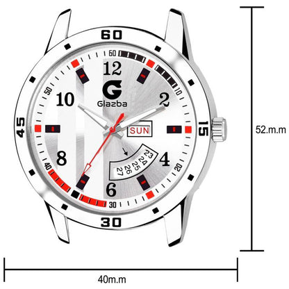 Men’s Analog Watch with Day & Date Function – Textured Stainless Steel Chain – White Dial Variant