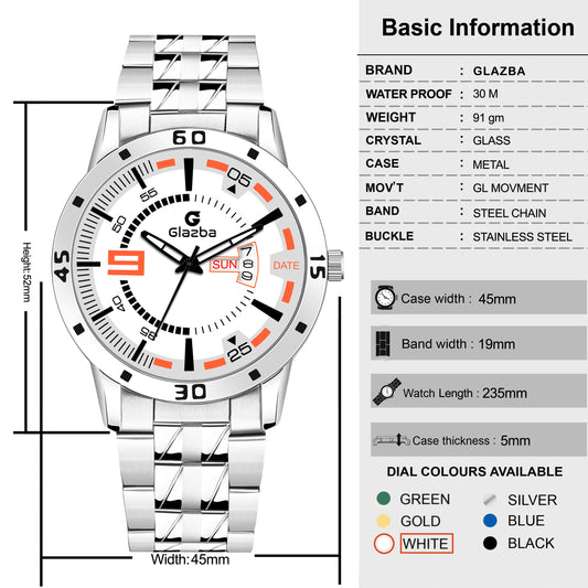 Glazba Signature 9 White Dial Analog Watch with Day & Date – For Men
