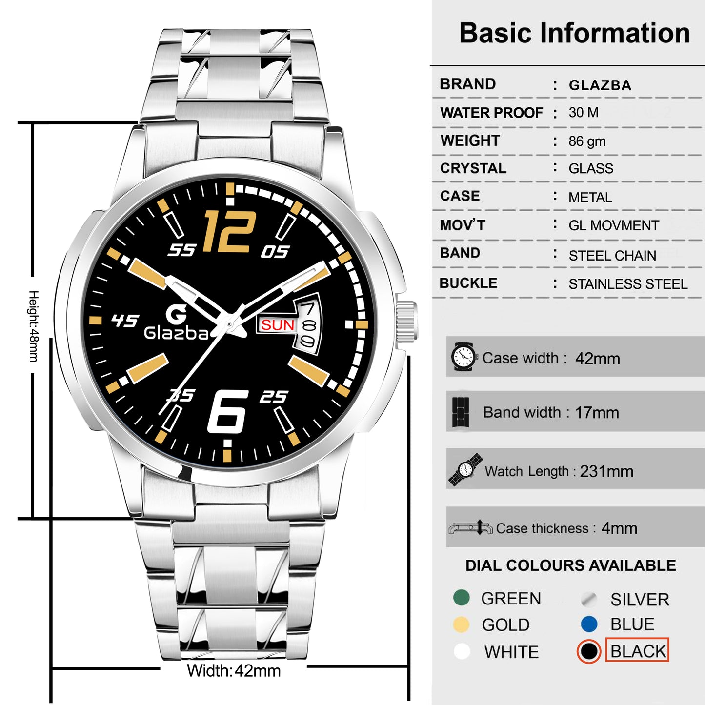 Glazba Signature 12–6 Black Dial Analog Watch with Day & Date – For Men