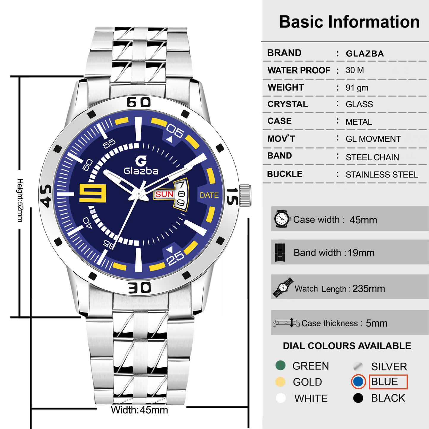 Glazba Signature 9 Blue Dial Analog Watch with Day & Date – For Men