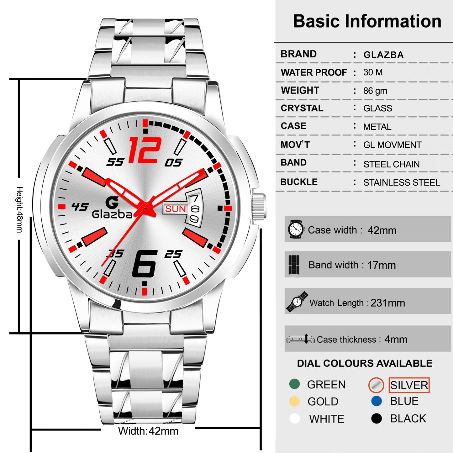 Glazba Signature 12–6 Silver Dial Analog Watch with Day & Date – For Men