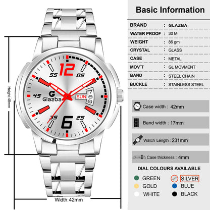 Glazba Signature 12–6 Silver Dial Analog Watch with Day & Date – For Men