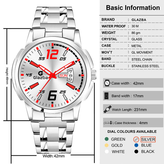 Glazba Signature 12–6 Silver Dial Analog Watch with Day & Date – For Men